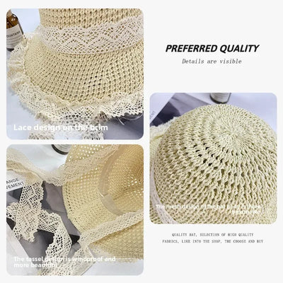 Sunscreen Hat for Women Summer Outdoor Sun Hat Large Brim French Lace Straw Hat Woven Vacation Beach Hat