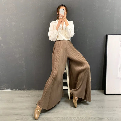 Pleated Wide Leg Pants For Women New Autumn 2025 Solid Color Elastic Waist High Quality Loose Casual Trousers Female