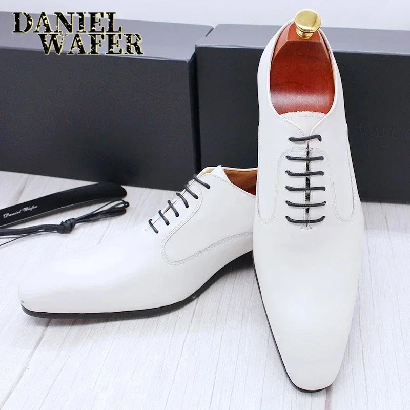 Luxury Brand Men's Oxford Shoes White Black Brown - Dress Office Wedding Formal Lace-Up Pointed Toe Leather Shoes