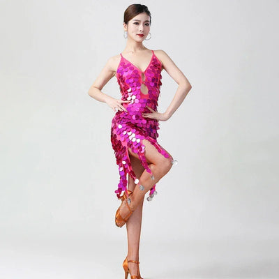 Women's Sexy Deep V Hollow Out Sequin Backless Sling Latin Dance Dress Ladies Charming Salsa Rumba Samba Tango Dancewear