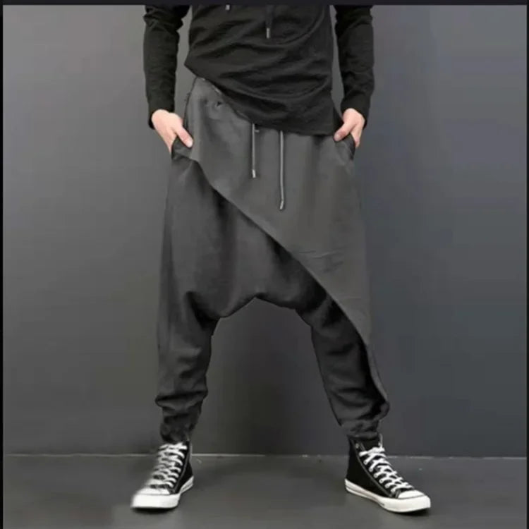 2025 Men's Casual Trousers Irregular Loose Solid Drawstring Cross-pants Men Vintage Harem Pants Hip-hop Skateboard Fitness Pants