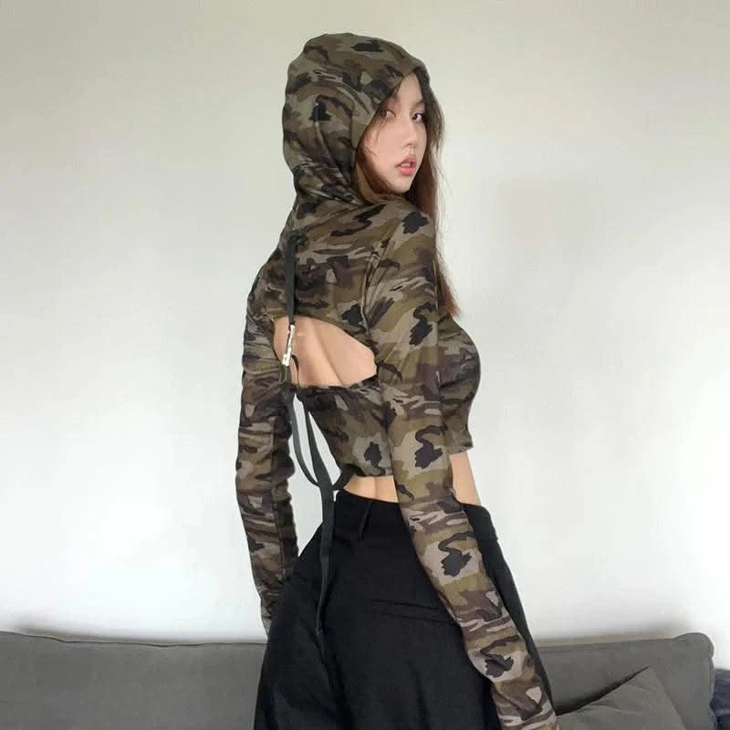 American Camo Streetwear Tops Women Back Hollow Out