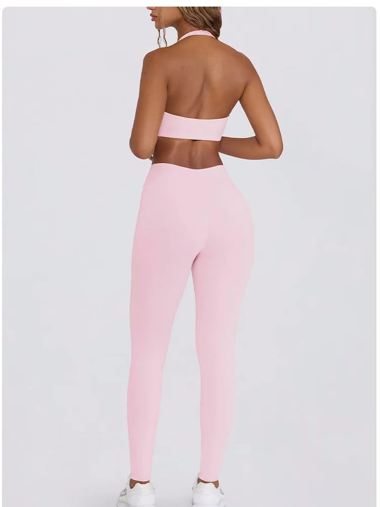 Women's Yoga Suits Quick Drying Leggings Gym Shorts Nude Hanging Neck Bra Running Gym Exercise Sets