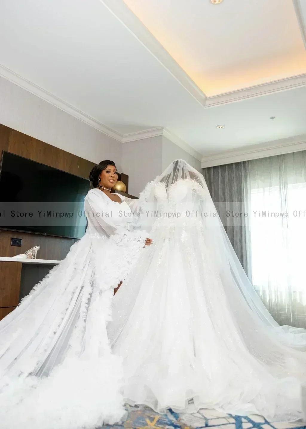 Wedding dresses for bride sheer neck lace up back sequins pearls plus size only