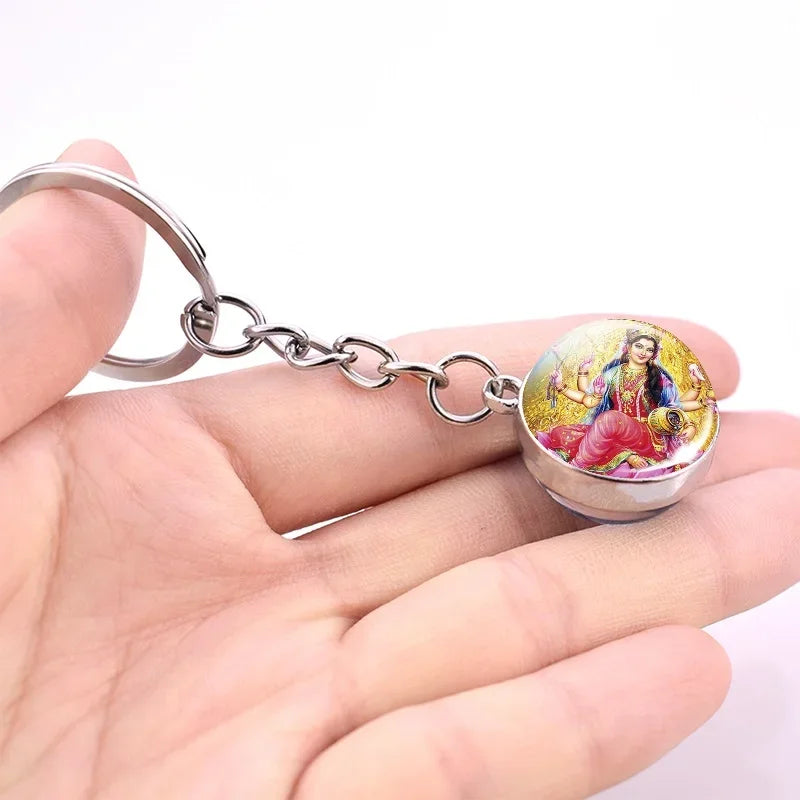 Hinduism Keychains Glass Ball Pendant Ganesha Lakshmi Shiva Goddess of Wealth Key Chains Amulet Indian Buddhist Jewelry