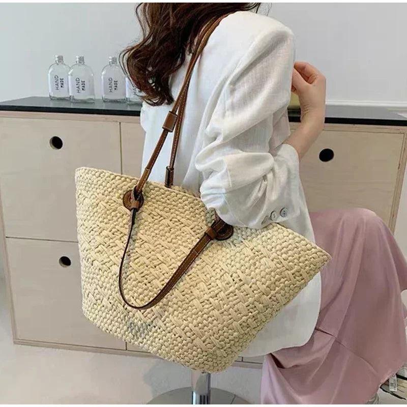Designer bohemian chic shoulder bag,solid color large capacity straw woven tote bag,nature-inspired beach vacation