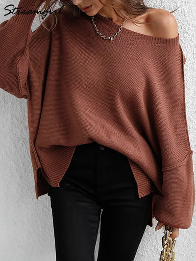 Fashion Oversized Sweaters For Women 2025 Autumn Loose O Neck Knit Sweater With Split Pull Knitted Pullover Women Oversize Grey