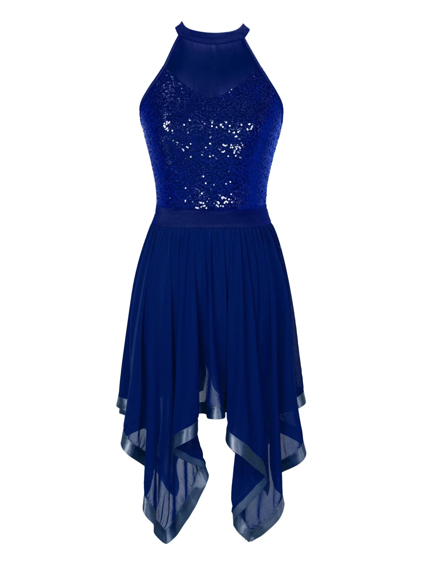 Elegant Ballet Leotards Dance Dress For Women Shiny Sequins Asymmetrical Hem Mesh Lyrical Dresses Prom Performance Costume