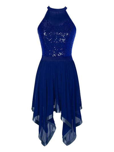 Elegant Ballet Leotards Dance Dress For Women Shiny Sequins Asymmetrical Hem Mesh Lyrical Dresses Prom Performance Costume