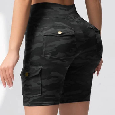 Camouflage Printed Women Shorts with 4 Pockets High Waist Butt Lifting Workout Tights Elastic Breathable Outdoor Running Shorts