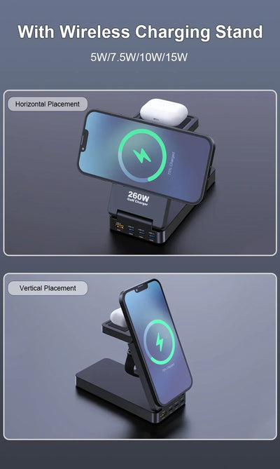 260W Magnetic Wireless Charging Station GaN USB TypeC Charger PPS PD Fast Charge For iPhone 16 15 IWatch AirPods Foldable Holder