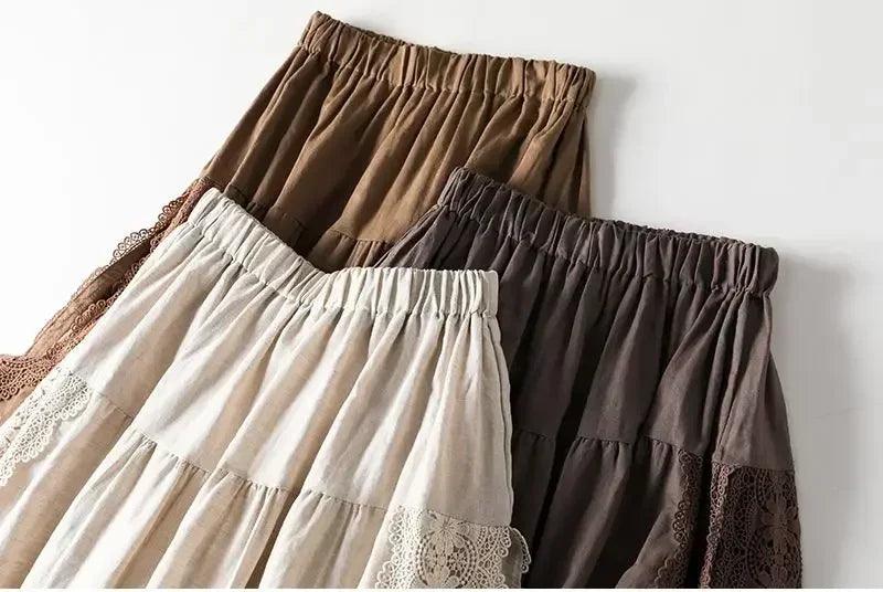 Vintage chic embroidery linen cotton long skirts women summer elastic high waist pleated maxi skirt female elegant