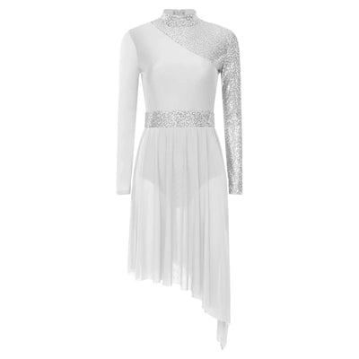 Women Modern Lyrical Dress Camisole Dance Costume Ballet Asymmetric High-Low Mesh Skirted Sleeveless Leotard Gymnastic Dancewear