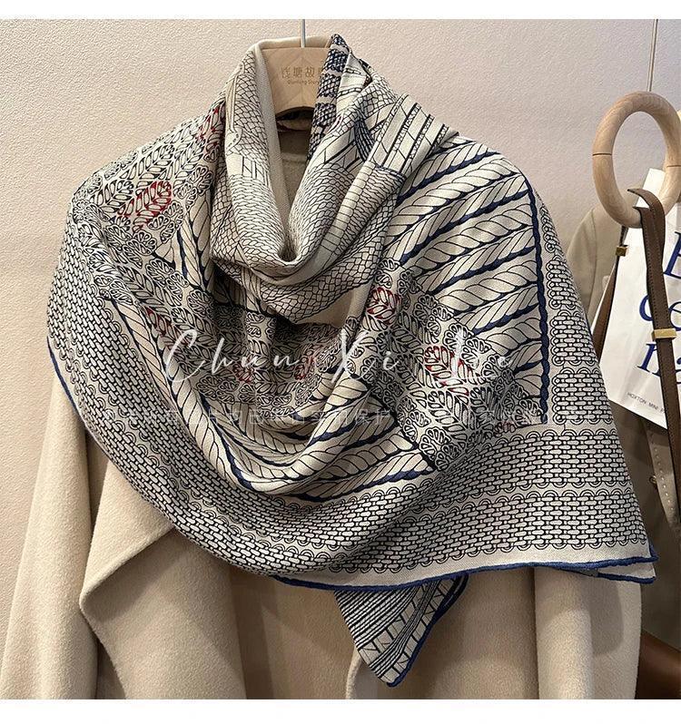 Designer silk wool scarf women large edge shawls square bandanas top accessories neck accessory