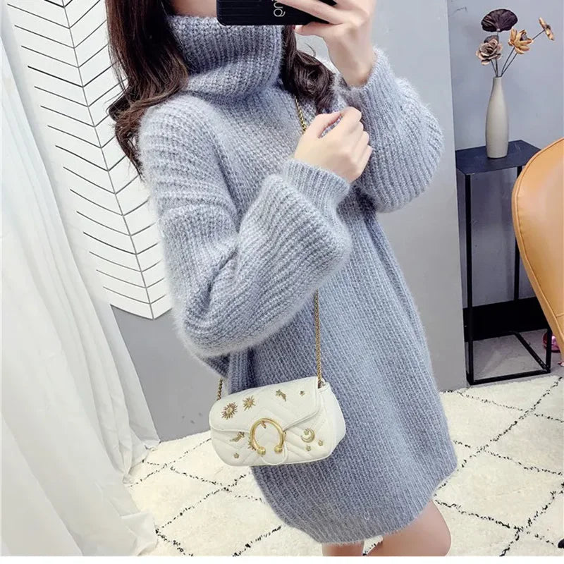 Turtleneck Pullover Sweater Dress Women's Outer Wear 2025 New Autumn Winter Fashion Loose Warm Mid-length Knitted Coat Tops