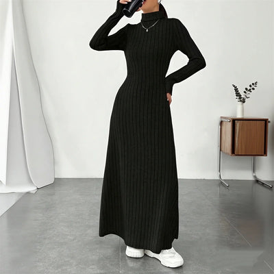 Knitted Elegant Long Sleeve Dress Women 2025 Autumn Winter Vintage Dresses Turtleneck Fashion Solid Vestidos Casual Street Y2K