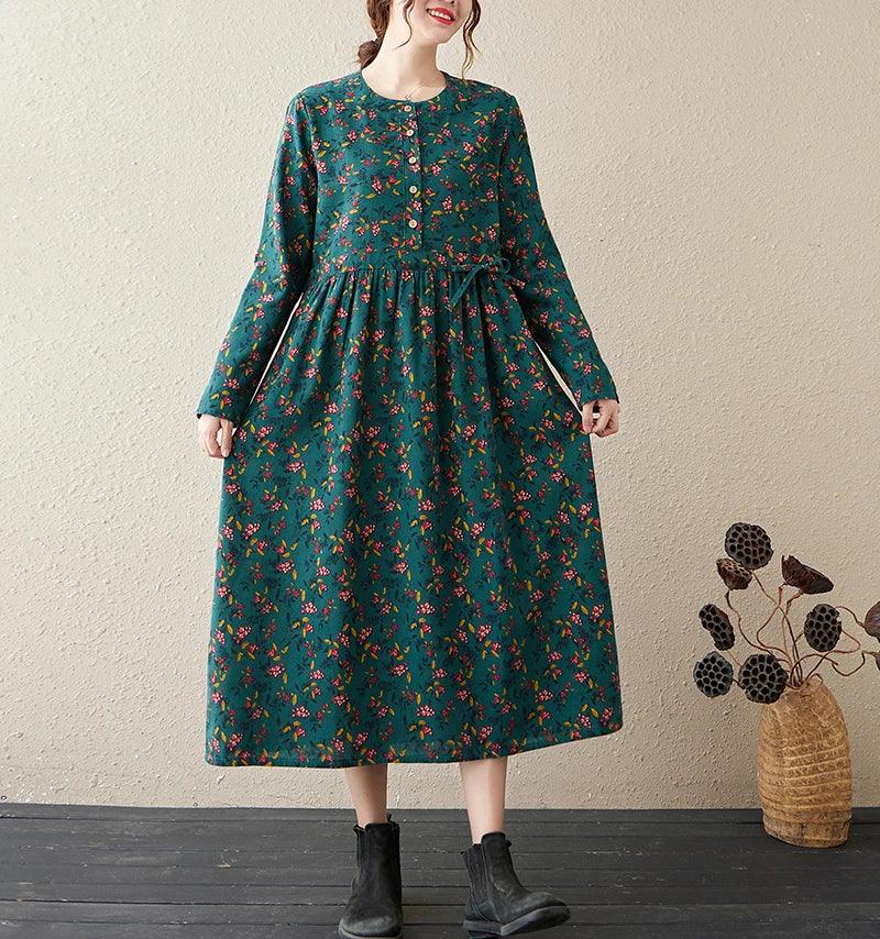 Long Sleeve Cotton Linen Vintage Floral Print Dresses For Women 2025 New Spring Autumn Casual Dress Robe Femme Elegant Clothing