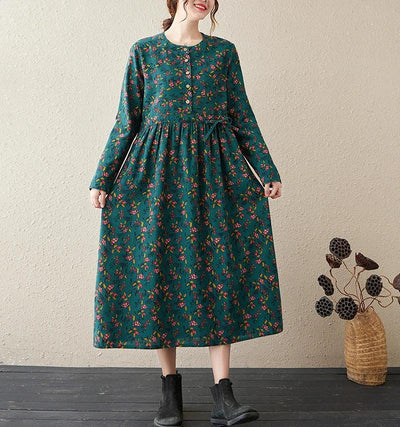 Long Sleeve Cotton Linen Vintage Floral Print Dresses For Women 2025 New Spring Autumn Casual Dress Robe Femme Elegant Clothing