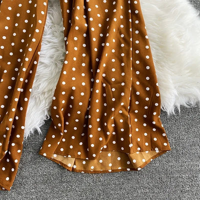 V Neck Sexy Dolman Sleeves Waist Slim Polka Dot Print Jumpsuit Women Wide Leg Trousers Jumpsuit