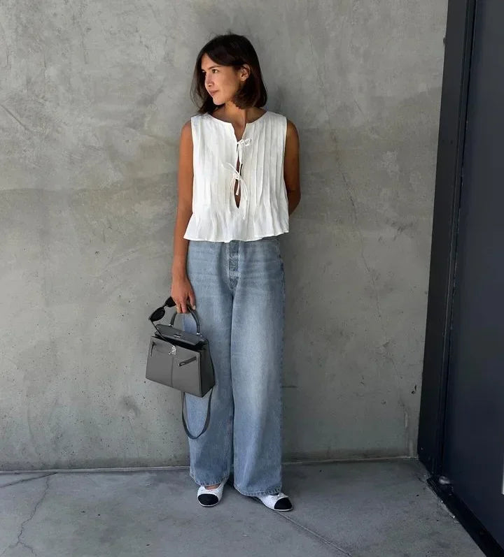 Fashion Bow Lace Up Linen Tops For Women