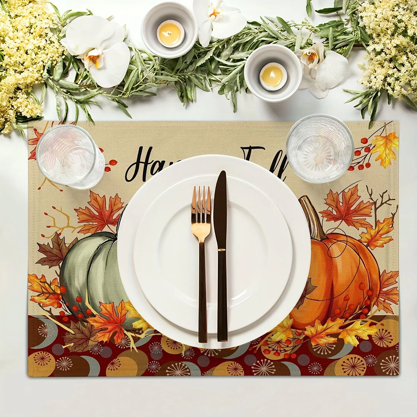 4pcs Thanksgiving Harvest Day Print Placemat Pumpkin Maple Leaf Vinyl Tableware Kitchen TableMat Coffe Cup Pad Non-slip Decorat