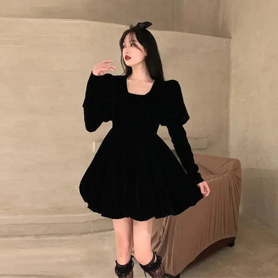 Fashion Velvet Black Dress for Women Fall Winter Elegant Hepburn Style Casual Mini Dress Y2K Streetwear Long Sleeve Puff Vestido