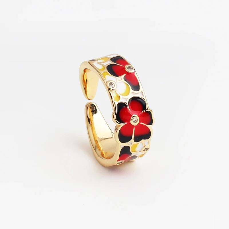 New Colorful Glaze Enamel Rings Metal Engrave Flower Ring Geometry Irregular for Women Girls Travel Jewelry