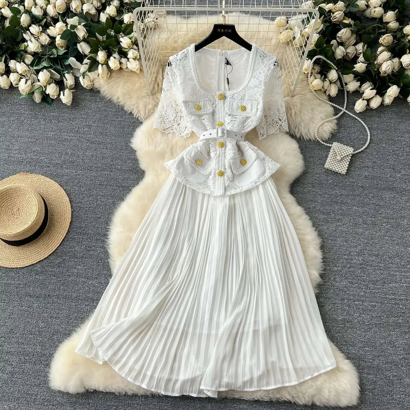 Designer 2025 Summer Pleated Chiffon Lace Long Dress Women Flower Embroidery Gold Button Belt Evening Party Dresses Wedding Robe