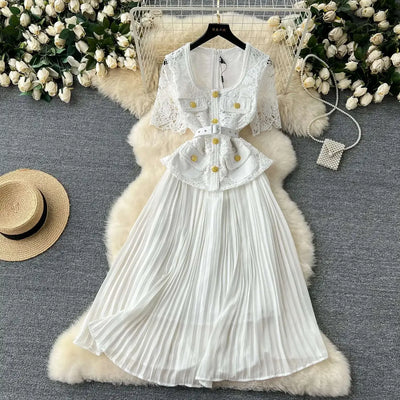 Designer 2025 Summer Pleated Chiffon Lace Long Dress Women Flower Embroidery Gold Button Belt Evening Party Dresses Wedding Robe