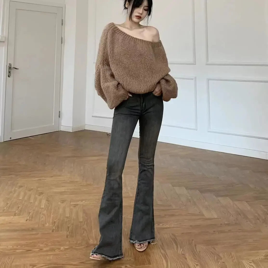 Ladies Flared Leggings Skinny Trend Bell Bottom Low Waist Wide Leg Long Sexy Fashion Denim Jeans Pants for Women 2024 Vintage