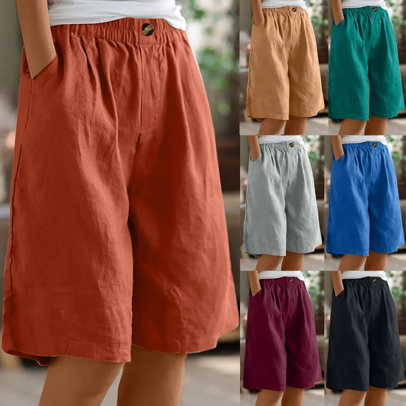 Women's Fashion Solid Color Cotton Linen Shorts - Loose Elastic Waist Capris with Pocket and Button Up Design