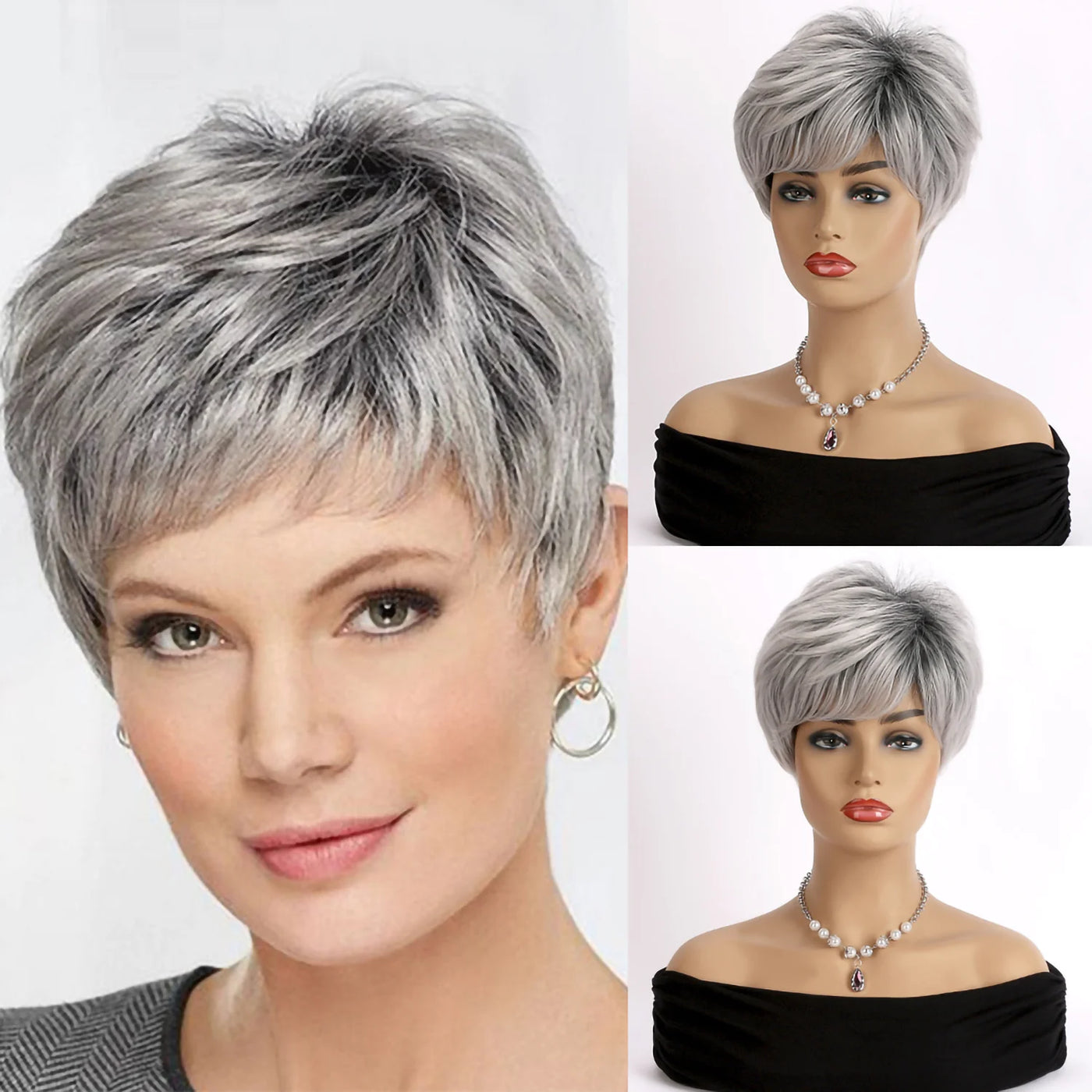 Short Grey Human Hair Wigs for Women Natural Pixie Cut Synthetic Wig Daily Hair
