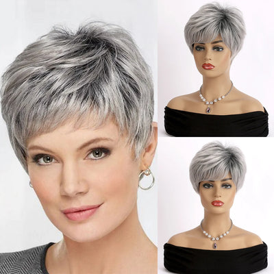 Short Grey Human Hair Wigs for Women Natural Pixie Cut Synthetic Wig Daily Hair
