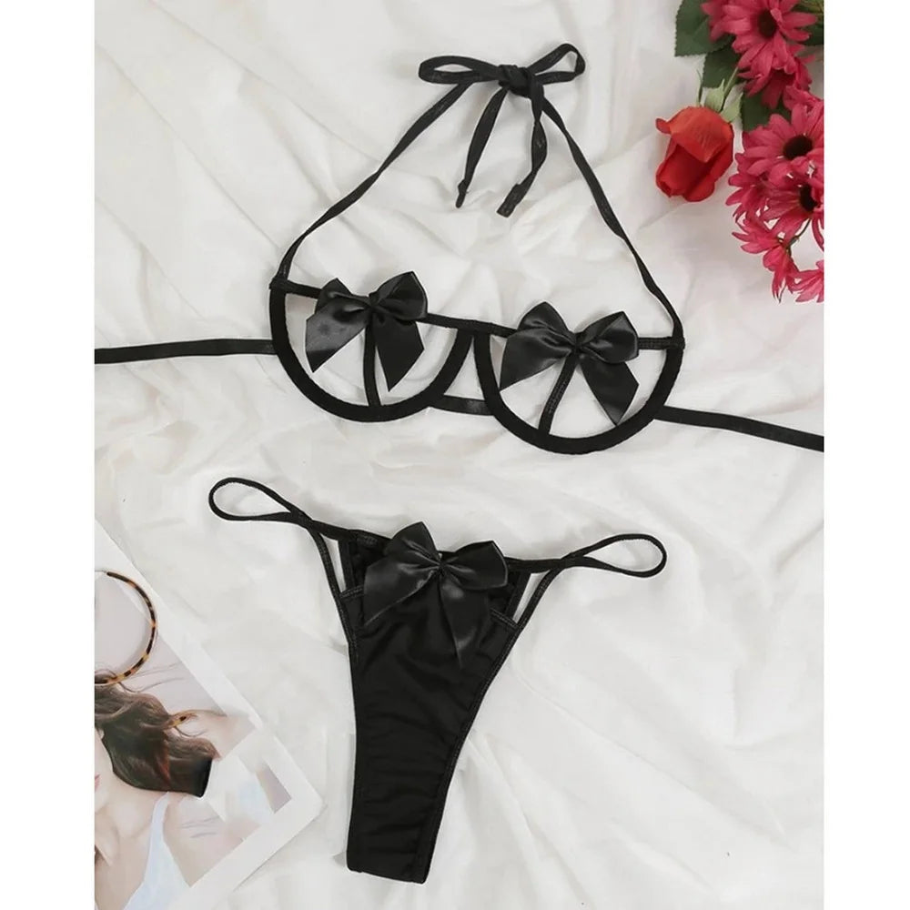 Christmas  S-3XL Women's Sexy Underwear  Bowtie Lingerie  Female Transparent Low Waist Hollow Out Outfit  Three-Point Bandage