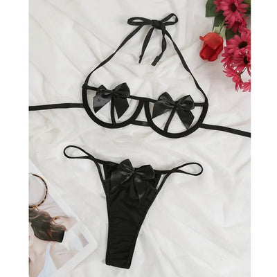 Christmas  S-3XL Women's Sexy Underwear  Bowtie Lingerie  Female Transparent Low Waist Hollow Out Outfit  Three-Point Bandage