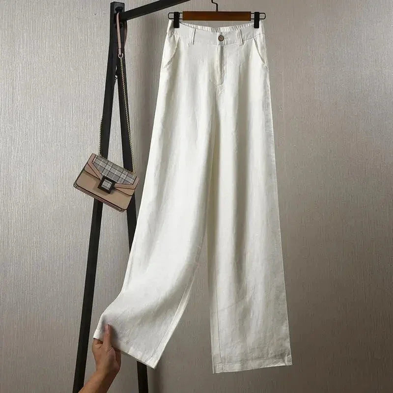 Women's Cotton Linen Straight Trousers Elastic High Waist Wild Wide Leg Pants Female Spring Summer Solid Color Loose Linen Pants