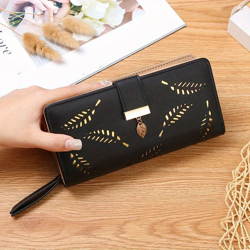 Elegant Women's Wallet With Hollowed-Out Leaf Design, Bifold Long Zippered Clutch, PU Leather Mobile Phone Bag Card Coin Purse