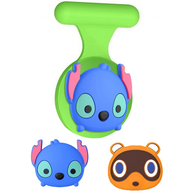 Green and blue silicone wristband with cartoon characters and hidden AirTag holder for kids