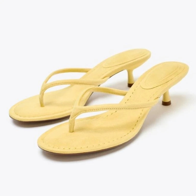 Cozy Faux Suede High-heel Slippers Women Sexy Round Toe Sewing Design Brand Slide Sandals Summer Sexy Clip-toe Beach Flip Flops