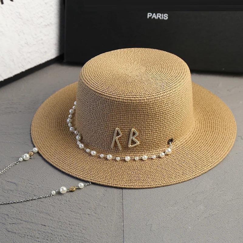 New women summer hats straw sun hat panama elegant fedoras lady girl outdoor vacation with pearl chain sunshade beach