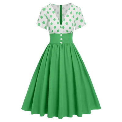 Polka Dot Women Summer Dresses Hepburn Style V-Neck Short Sleeve Vintage Print Patchwork Party Dress Casual A-Line