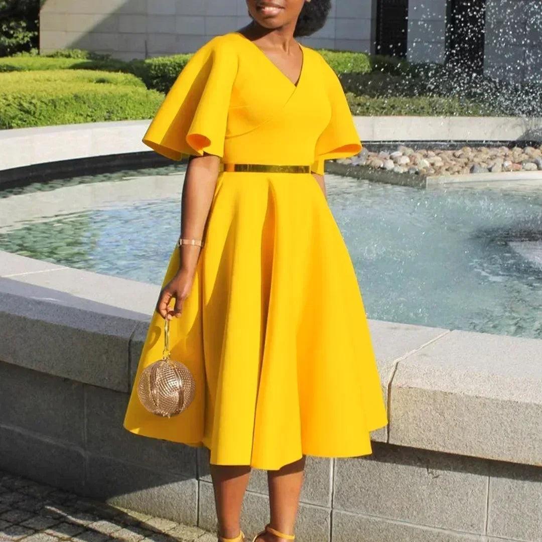 Elegant party dresses for women v neck ruffles sleeve high waisted pleated mid calf luxury birthday dinner vestidos