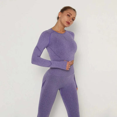 Woman Sports Yoga Top Knitted Shirt Seamless Athletic Crop Top  Long Sleeve