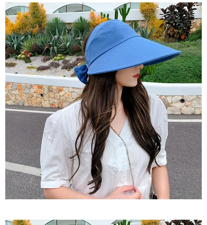 COKK Summer Hat Women Empty Top Foldable Sunhat Sunscreen Hats For Women Solid Color With Bow Ladies Hats Beach Cap Sun Hat