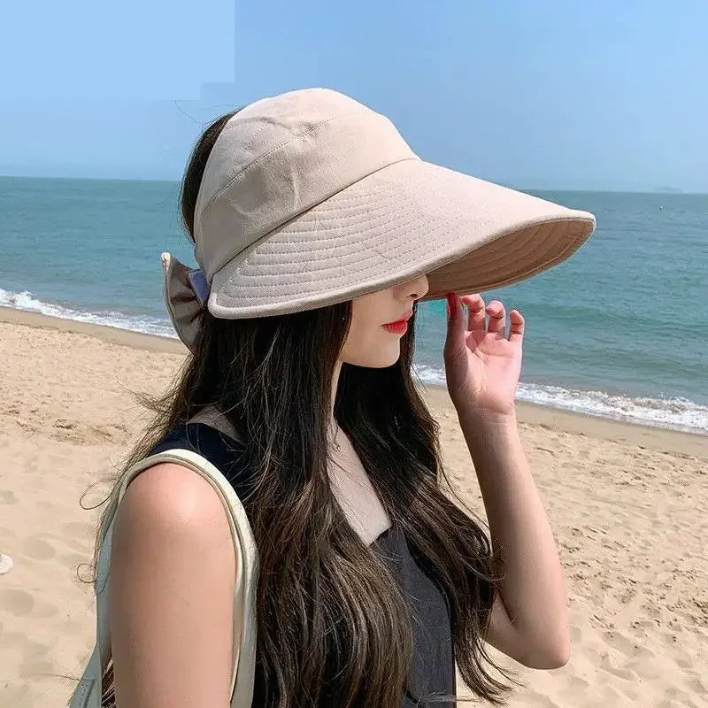 COKK Summer Hat Women Empty Top Foldable Sunhat Sunscreen Hats For Women Solid Color With Bow Ladies Hats Beach Cap Sun Hat