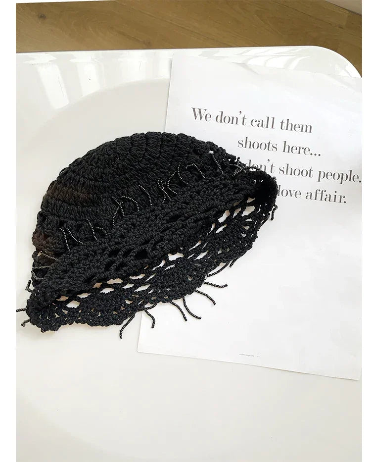 Personalized Beaded Fringed Knitted Beanies for Women Summer Autumn Thin Hollow Versatile Casual Retro Ethnic Style Pullover Hat