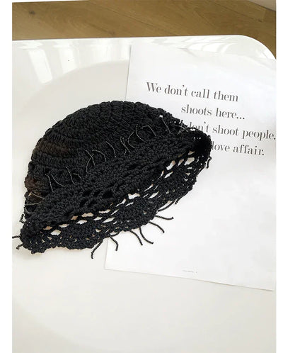 Personalized Beaded Fringed Knitted Beanies for Women Summer Autumn Thin Hollow Versatile Casual Retro Ethnic Style Pullover Hat