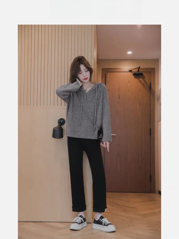 Hooded Sweater Women's Sweater 2025 Autumn and Winter New Fashion V-neck Loose Casual Solid Color Long-sleeved Knitted Top