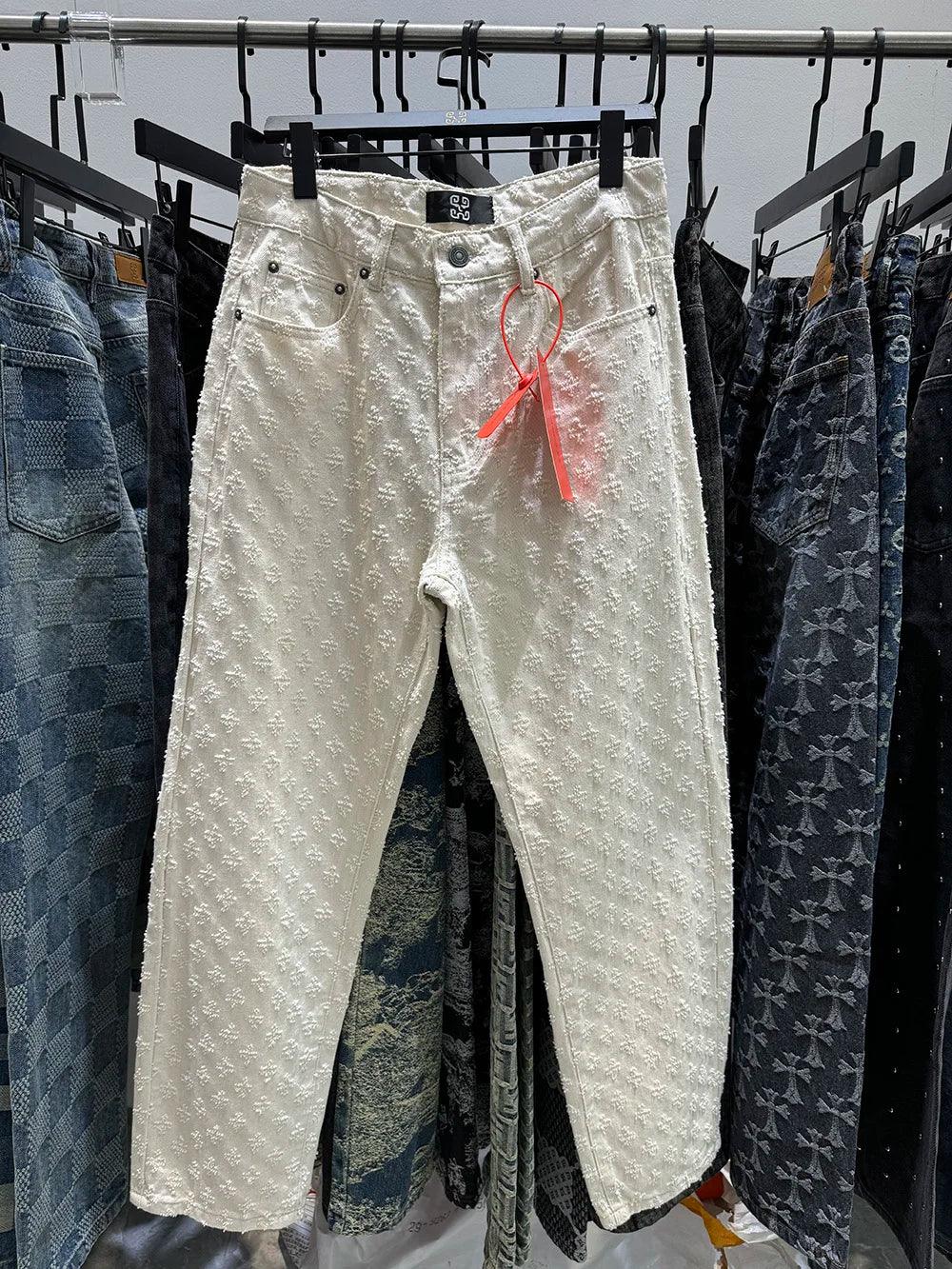 European Designer Jeans Men Ripped Holes Washed Baggy Pants New Fall Straight Fit Wide Leg Bottoms