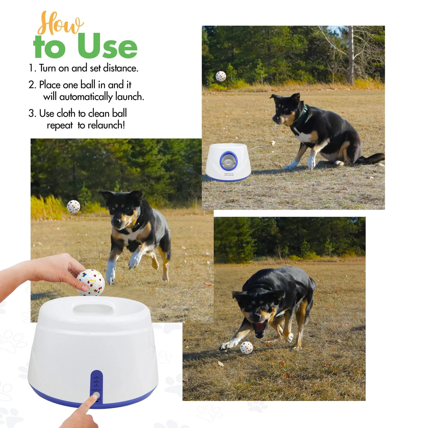 Automatic Ball Launcher Indoor/Outdoor Dog Toy 3 Distance Settings ETPU Balls Dog Tennis Ball Launcher Interactive Dog Toys